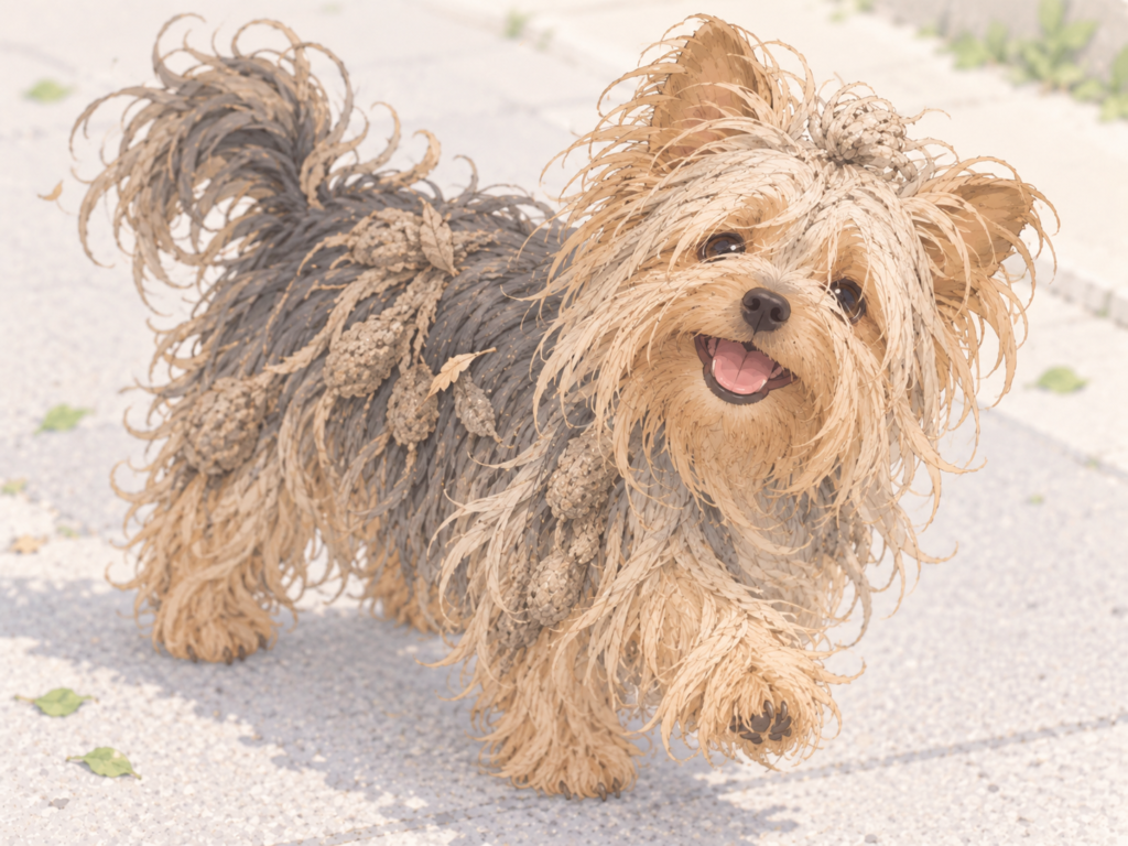 毛が伸びて毛玉ができた状態でも笑顔を見せるヨークシャーテリアのモップちゃん