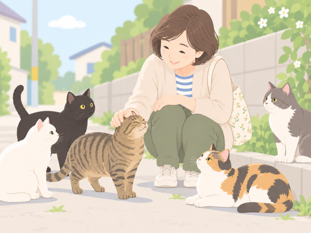 Mさんがノラネコを見守っている場面