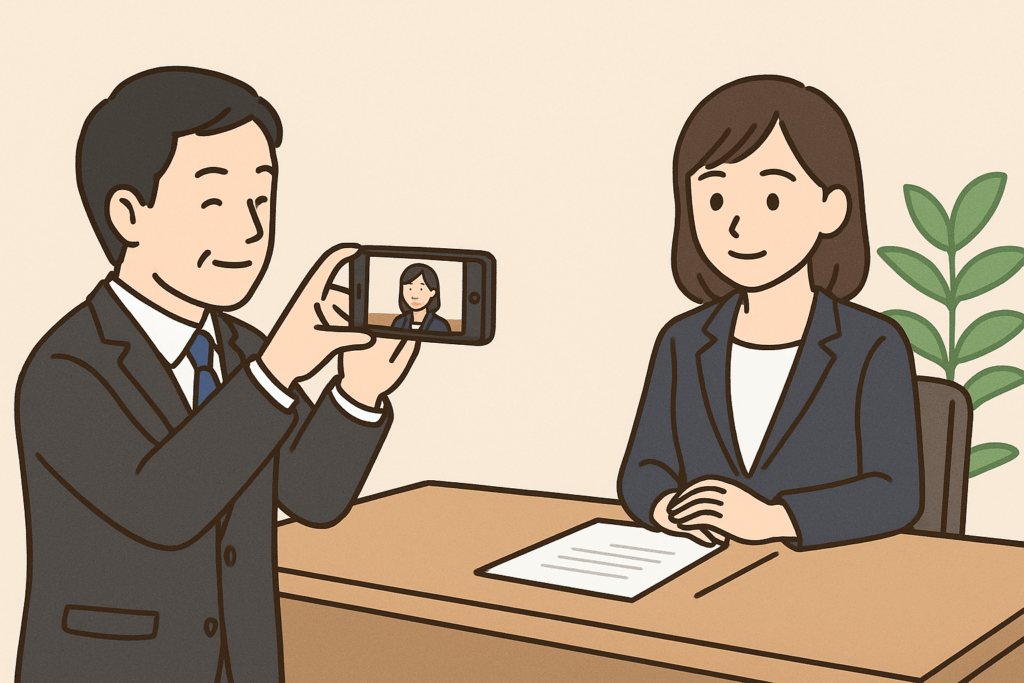 専門家役がロープレの様子をスマホで撮影しているシーン」の挿絵イラスト