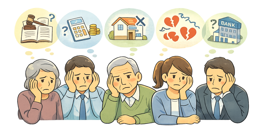 法律、税務、不動産、金融、家族関係など様々なことに悩む人のイラスト