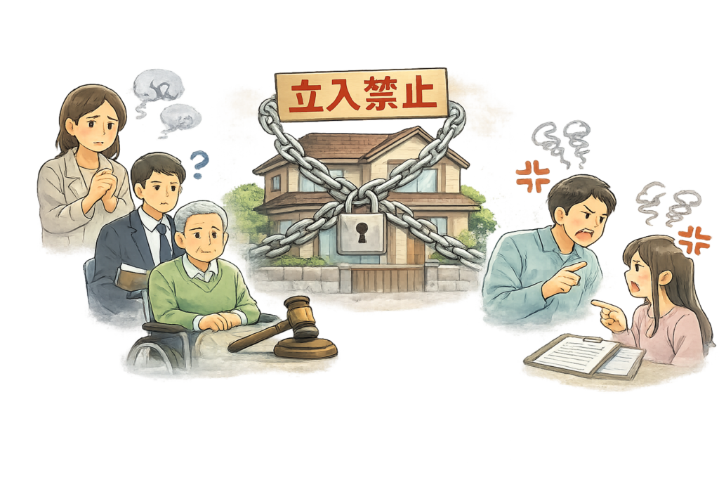 相続争いと封鎖された家のイラスト