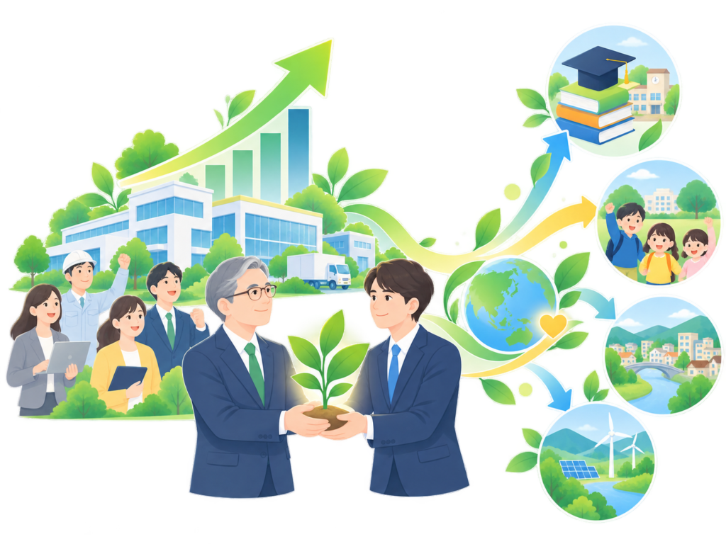 企業の成長を次世代へ承継し、社会貢献へつなげるイメージ