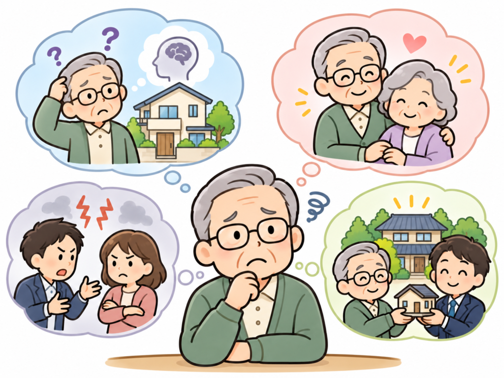 「もし認知症になったら、この不動産はどうする?」
「妻を最後まで守るにはどうする?」
「子どもたちが揉めないようにするには?」
「先祖代々の不動産を、次の世代へどう残す?」悩みを抱えている年配男性のイラスト