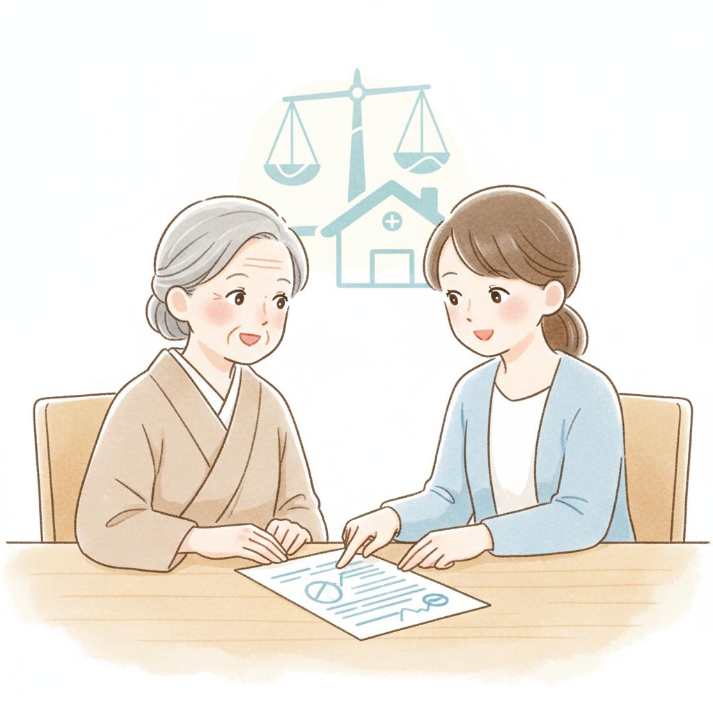 高齢の親と成人した子どもが、通帳や書類を見ながら話し合う場面。